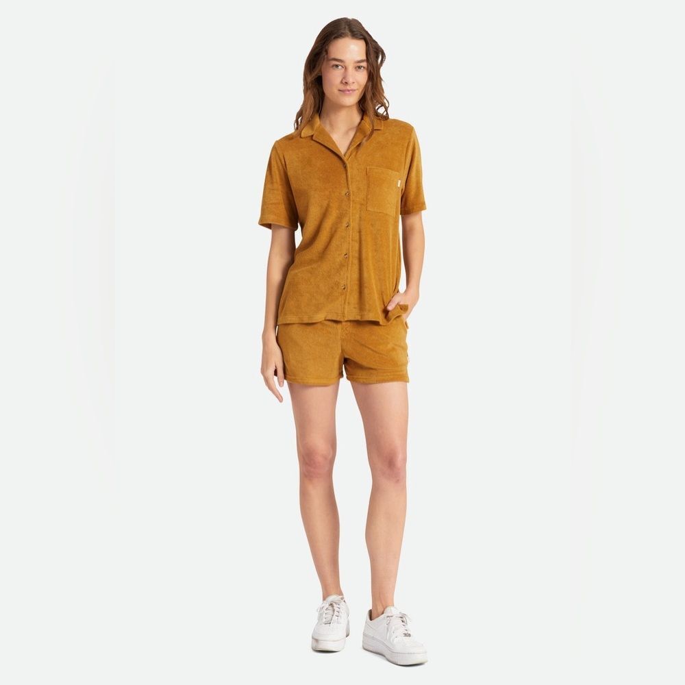 Brixton Bunker Bella Boyfriend Knit Button Front Top in Medal Bronze size Small